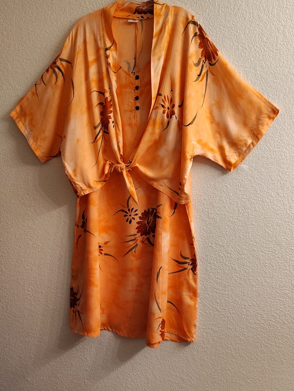 Bahama Mama Women’s 2 Piece Sz L Orange Floral Dress & Tie-Front Top B28 X P